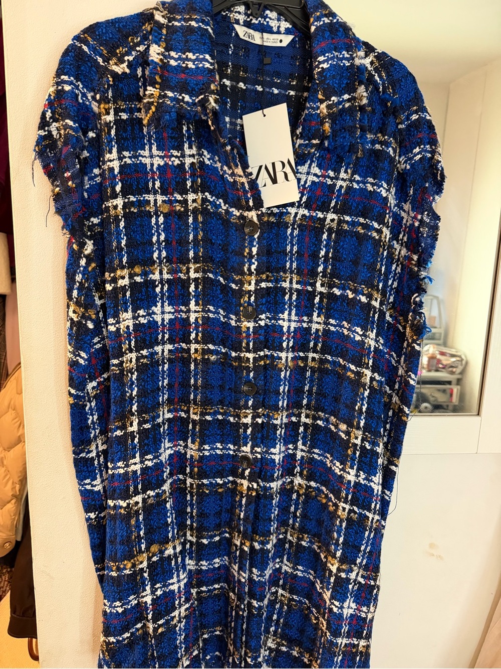 ZARA Blue Plaid Tweed Button-Down Dress